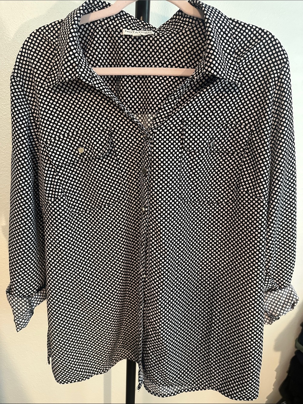 Notations Dark Navy and White Polka Dot Button-Down Shirt